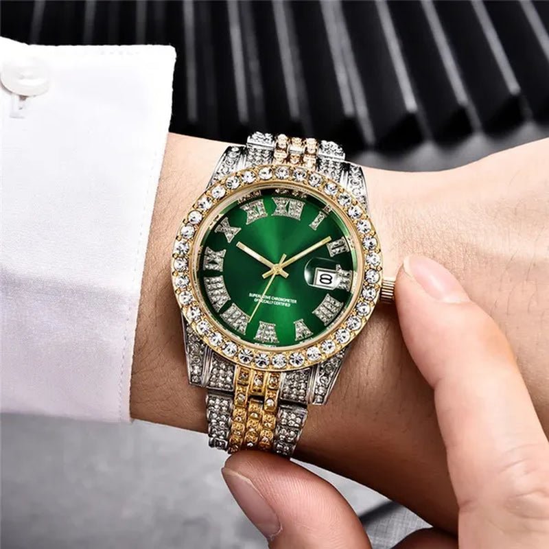 Full Bling Gold Large Diamond Watch for Men Iced - Out Hip Hop Mens Quartz Watches Waterproof Date Male Clock Gold Steel Relogio - WORLD TIME VISITS