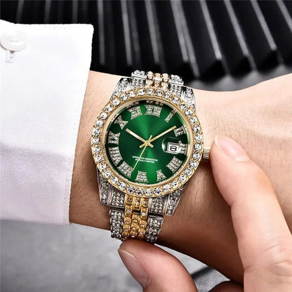 Full Bling Gold Large Diamond Watch for Men Iced - Out Hip Hop Mens Quartz Watches Waterproof Date Male Clock Gold Steel Relogio - WORLD TIME VISITS