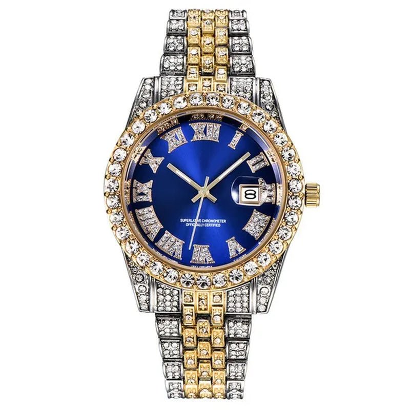 Full Bling Gold Large Diamond Watch for Men Iced-Out Hip Hop Mens Quartz Watches Waterproof Date Male Clock Gold Steel Relogio