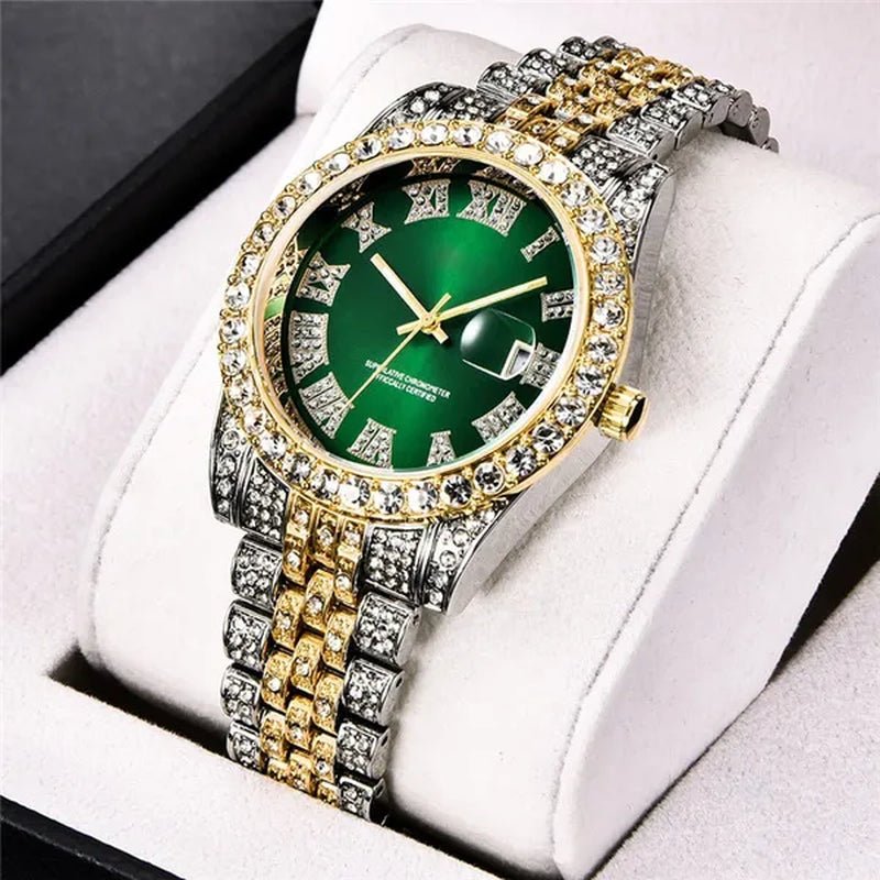 Full Bling Gold Large Diamond Watch for Men Iced-Out Hip Hop Mens Quartz Watches Waterproof Date Male Clock Gold Steel Relogio
