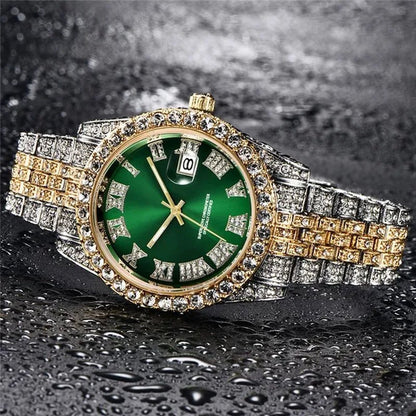 Full Bling Gold Large Diamond Watch for Men Iced-Out Hip Hop Mens Quartz Watches Waterproof Date Male Clock Gold Steel Relogio