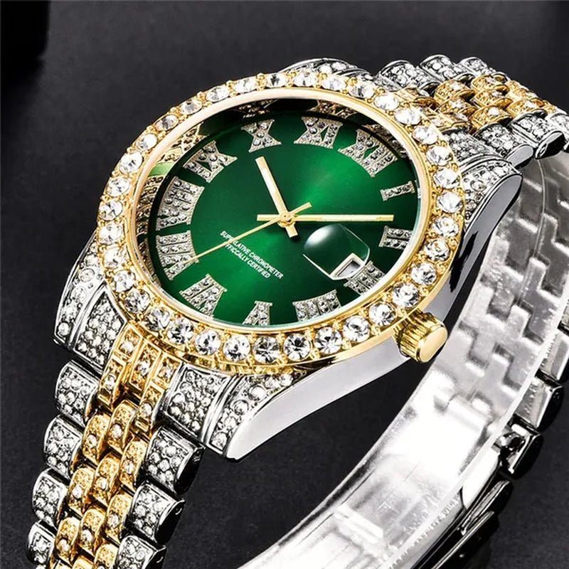 Full Bling Gold Large Diamond Watch for Men Iced - Out Hip Hop Mens Quartz Watches Waterproof Date Male Clock Gold Steel Relogio - WORLD TIME VISITS