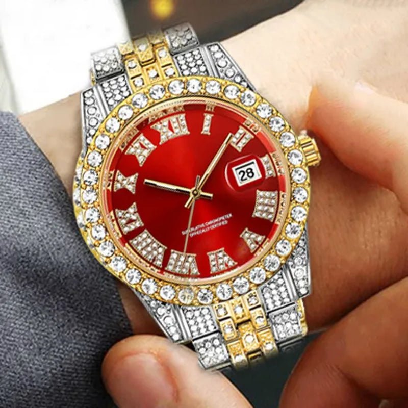 Full Bling Gold Large Diamond Watch for Men Iced - Out Hip Hop Mens Quartz Watches Waterproof Date Male Clock Gold Steel Relogio - WORLD TIME VISITS