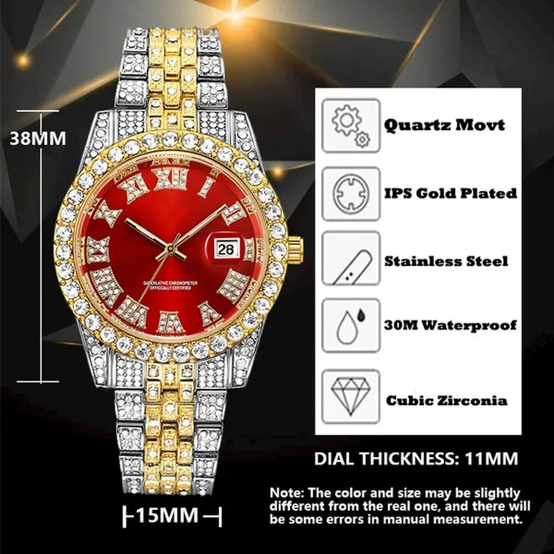 Full Bling Gold Large Diamond Watch for Men Iced - Out Hip Hop Mens Quartz Watches Waterproof Date Male Clock Gold Steel Relogio - WORLD TIME VISITS