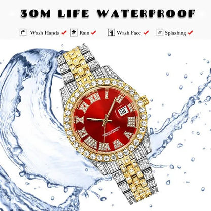 Full Bling Gold Large Diamond Watch for Men Iced - Out Hip Hop Mens Quartz Watches Waterproof Date Male Clock Gold Steel Relogio - WORLD TIME VISITS