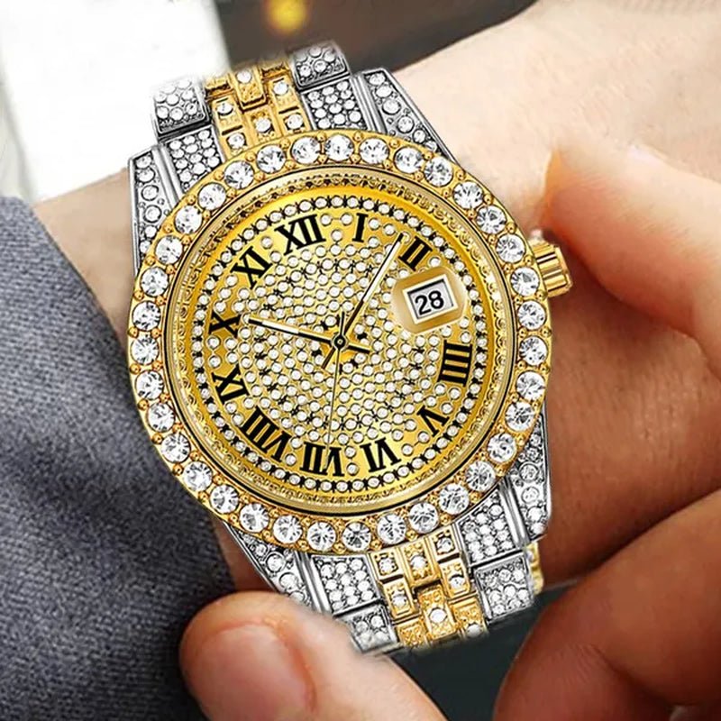 Full Bling Gold Large Diamond Watch for Men Iced-Out Hip Hop Mens Quartz Watches Waterproof Date Male Clock Gold Steel Relogio