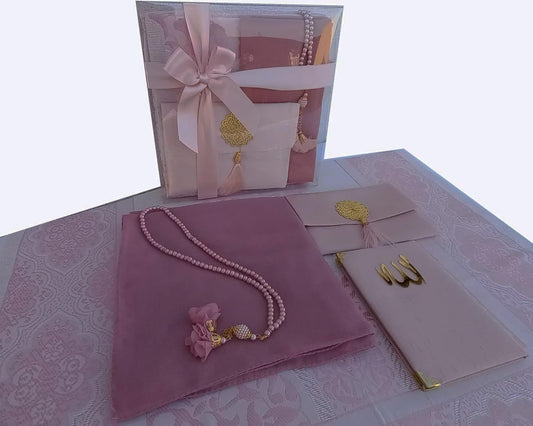 Muslim Prayer Rug | 5 in One Prayer Mat, Short Surahs Book, Tasbeeh, Scarf , Quran Case Set | Pearl Prayer Beads | Islamic Gift for Her, Occasions | Birthday Gift|(Pink) - WORLD TIME VISITS